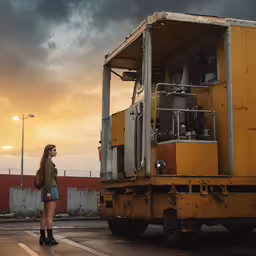 the woman is standing on the street talking to her man,a girl is standing in front of a large truck