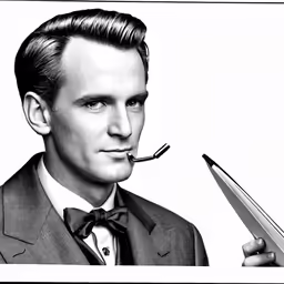 a black and white photo of a man with scissors in his mouth