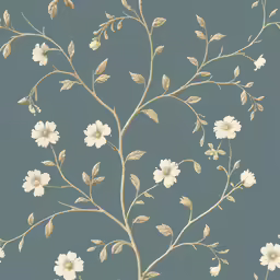 an artisticly decorated branch with white flowers on blue background