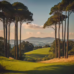 the field is lush with trees on the hills