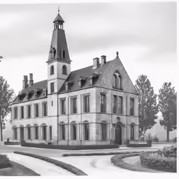 old time building with tower in black and white