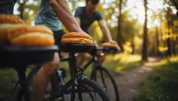 people riding bicycles along a wooded trail with large pastries