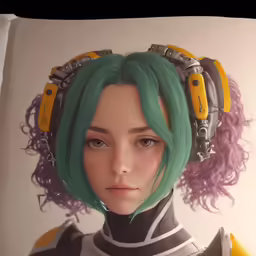 a woman with green hair with earphones on