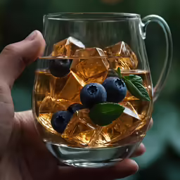 a hand holding up a glass with ice, blueberries and green leaves