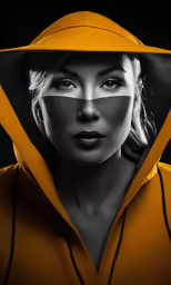 a woman in a yellow hoodie and hood on