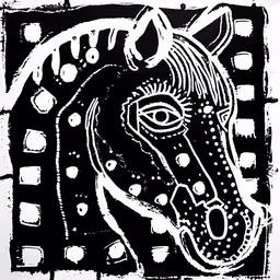 a black and white photo with dots in the background,a black and white drawing of a horse
