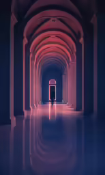 an image of a dark hallway lit with red lights