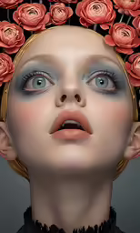 a woman with flowers in her hair and her eyes closed