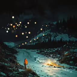 a snowy hill with lots of lights hanging from it
