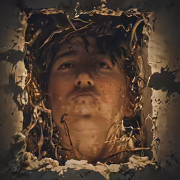a man wearing a crown of leaves surrounded by foil