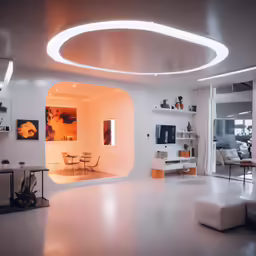 a modern living room with circular lighting