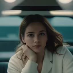 a woman with blue eyes and long sleeves looks into the distance