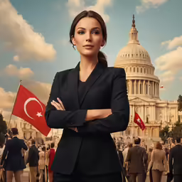 a woman with a flag standing with her arms crossed