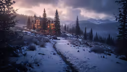 a house surrounded by snow, sitting on top of a hill