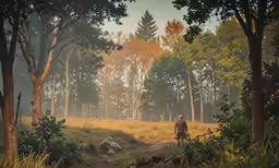 the man is walking down a dirt road through a forest