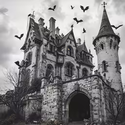 an old castle with bats flying over it