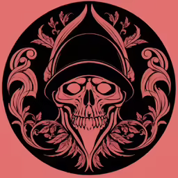a drawing of a skull with a hat in the center of the circle
