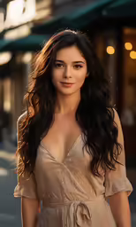 a woman posing in a tan dress outside