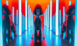 a woman in a red room with long columns and a pink neon background