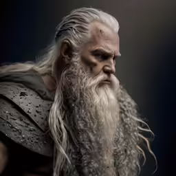 a bearded man with long white hair and beard wearing armor