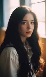 a beautiful woman sitting next to a window in a room