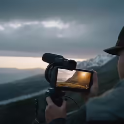 a cameraman is recording a landscape during a sunset