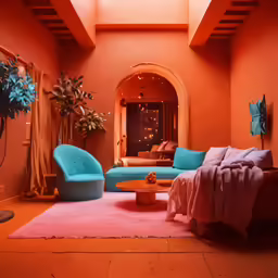 an apartment with red walls, pink carpet, and blue chairs