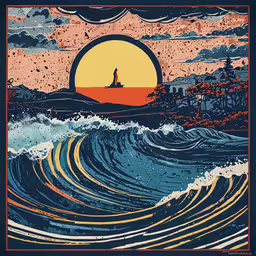 a sunset and wave painting with a lighthouse,the sunset with waves on the ocean in blue and orange