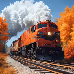 an orange train is moving down the track by some trees