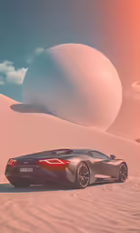 a car driving in the sand with an egg