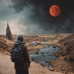 the person is walking away on the dirt road