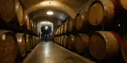 several barrels of beer in a large dark room