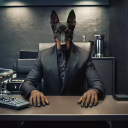 a man sitting at a desk with a dog head
