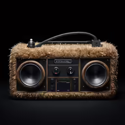 a brown radio and headphones on top of a furry bag
