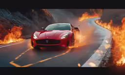 a red sports car drives through a raging road