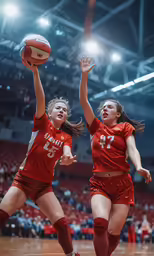 two girls are playing basketball on the court