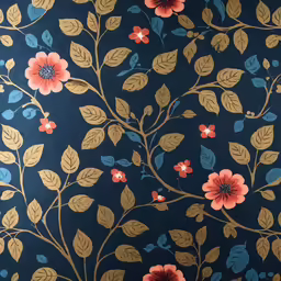 blue wall paper with red flowers on it