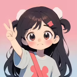 anime girl holding up the peace sign with a pink sky in the background
