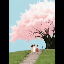 three children walking up the dirt road towards a tree