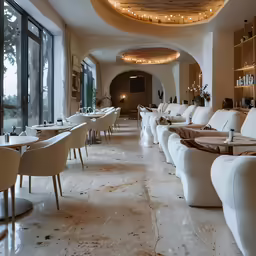 the interior of a restaurant with high chairs and white table cloths