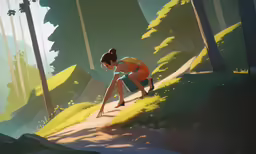 a woman is bent over in the woods