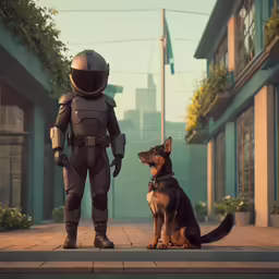 a man in a space suit standing with his dog