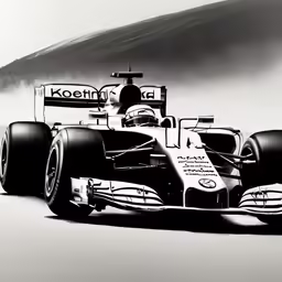 a white race car with black wings driving down the road