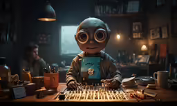 an alien - like boy is sitting at a keyboard