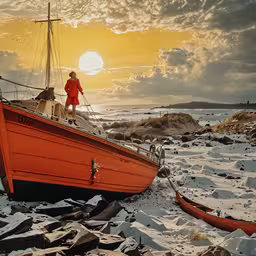 a boat and its crew are sitting on the rocks,the man stands on top of a red boat