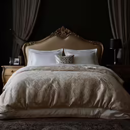a hotel bedroom with large bed and brown drapes