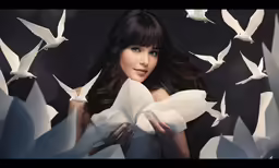 a beautiful woman holding a bunch of white birds in her hands