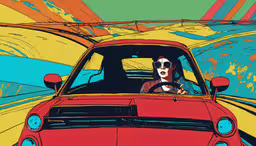 a woman driving an orange car through the street,a painting of a woman driving a red car with a yellow wave background