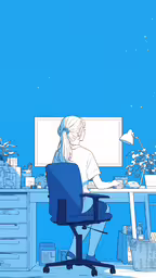 a girl is sitting in an office chair,a woman sitting at her computer with the sky behind her