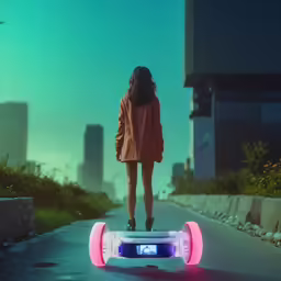 a girl is standing on a small skateboard in front of an urban city